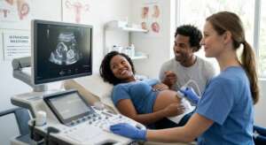 Pregnant woman undergoing ultrasound scan with doctor explaining baby growth during pregnancy scan schedule